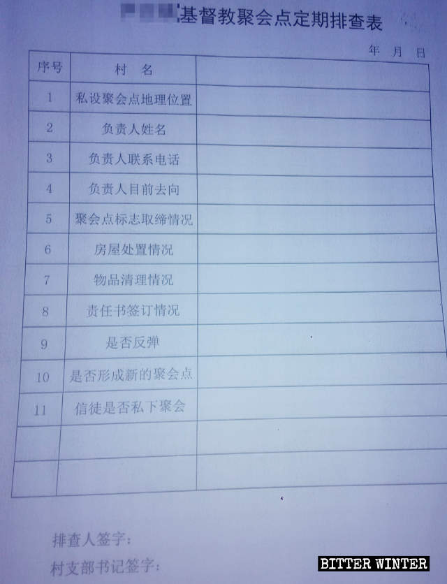 ‘기독교 집회소 정기 점검표’는 폐쇄된 교회의 상태에 대한 정보 기록용이다