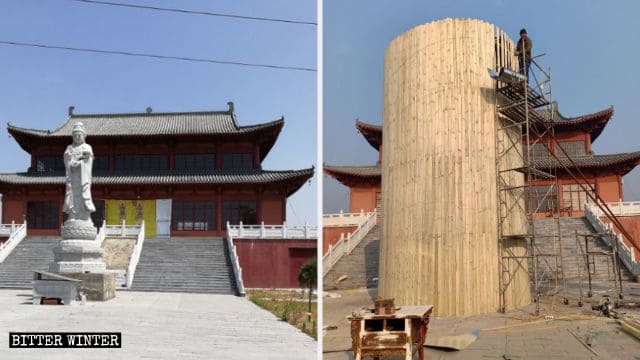 철판으로 둘러싸기 전과 후의 복승사(福勝寺) 관음보살상 모습