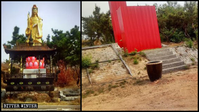 원명사의 불상과 향로가 붉게 도금된 판으로 가려진 모습