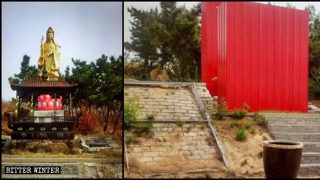 원명사(園明寺) 내 불상이 붉은 함석판으로 가려져 있다