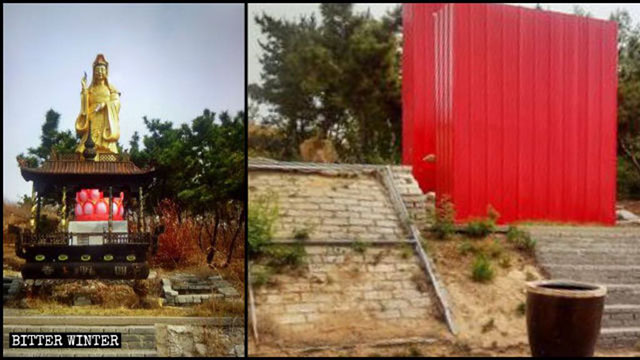 원명사(園明寺) 내 불상이 붉은 함석판으로 가려져 있다