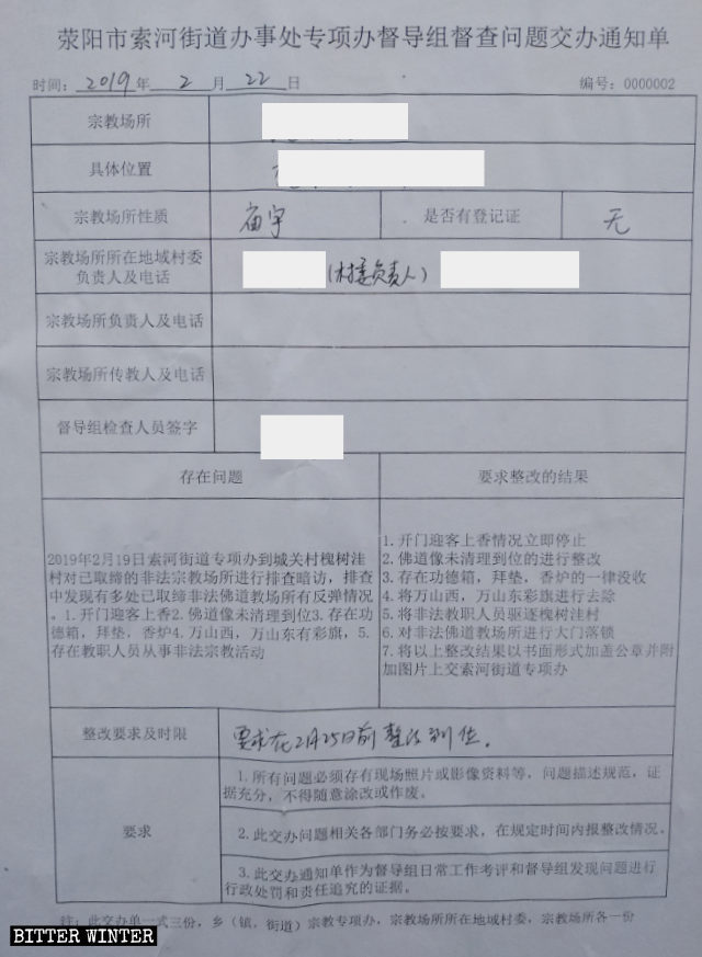 싱양시 삭하가도의 특수 작전처 감독팀에서 불시 검열 중에 발견한 문제의 처리에 관해 내린 공지