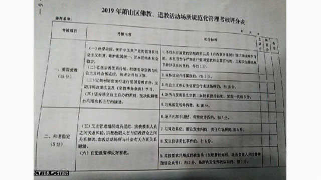 2019 샤오산구 불교 및 도교 활동 장소에 대한 표준 관리 및 평가 양식