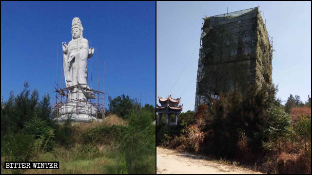 검은색 그물로 가려진 푸젠(福建)성 푸톈(莆田)시의 관음상