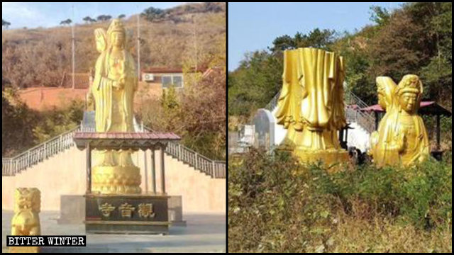 황산사(黃山寺)의 삼면보살상이 철거되는 모습