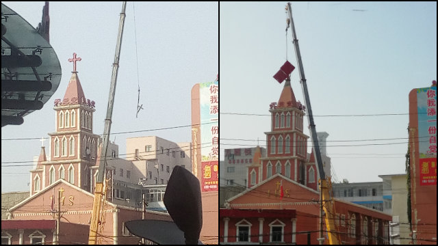 밍궁로 성당에서 십자가가 철거되고 있는 모습