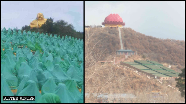 800 아라한상은 초록색 천으로, 부처는 거대 연꽃으로 가려졌다